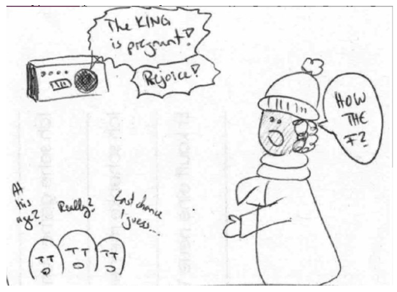 Bildbeschreibung: Oben links ist ein Radio zu sehen aus dem ertönt: «The King is pregnant! Rejoice!». Der Diplomat von einem anderen Planeten mit binärer Geschlechterordnung, ähnlich der «unseren» sagt: «How the F?». Unten links sind drei Personen dargestellt, die auf dem Planeten mit androgynen Menschen einheimisch sind. Sie sagen: «At his age?», «Really?» und «Last chance I guess…».