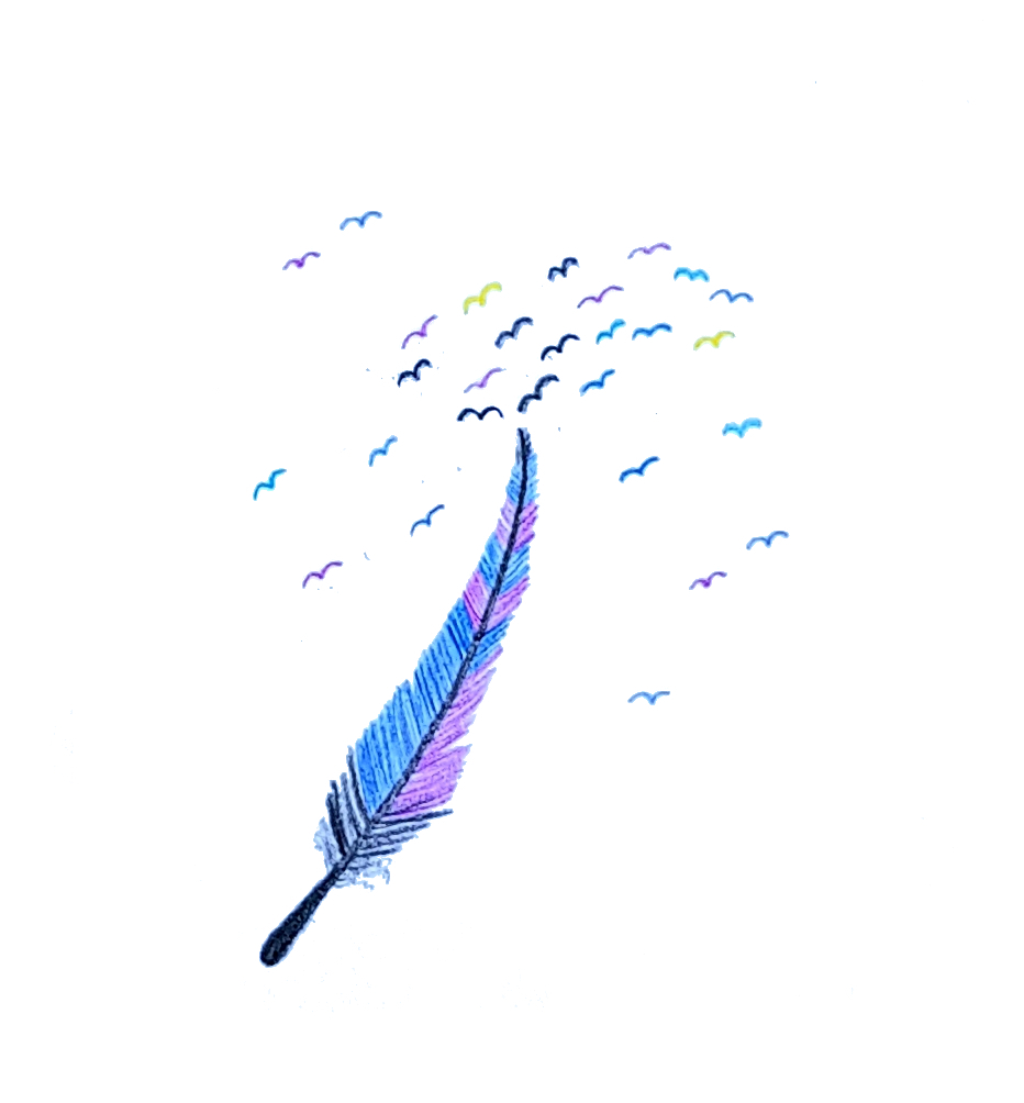 Eine blau-violete Feder mit schwarzem Schaft, aus deren Spitze bunte Vögel fliegen. Die Feder soll das Schreiben symbolisieren, die Vögel die beflügelnde hoffnungsvoll-emanzipatorische Inspiration.