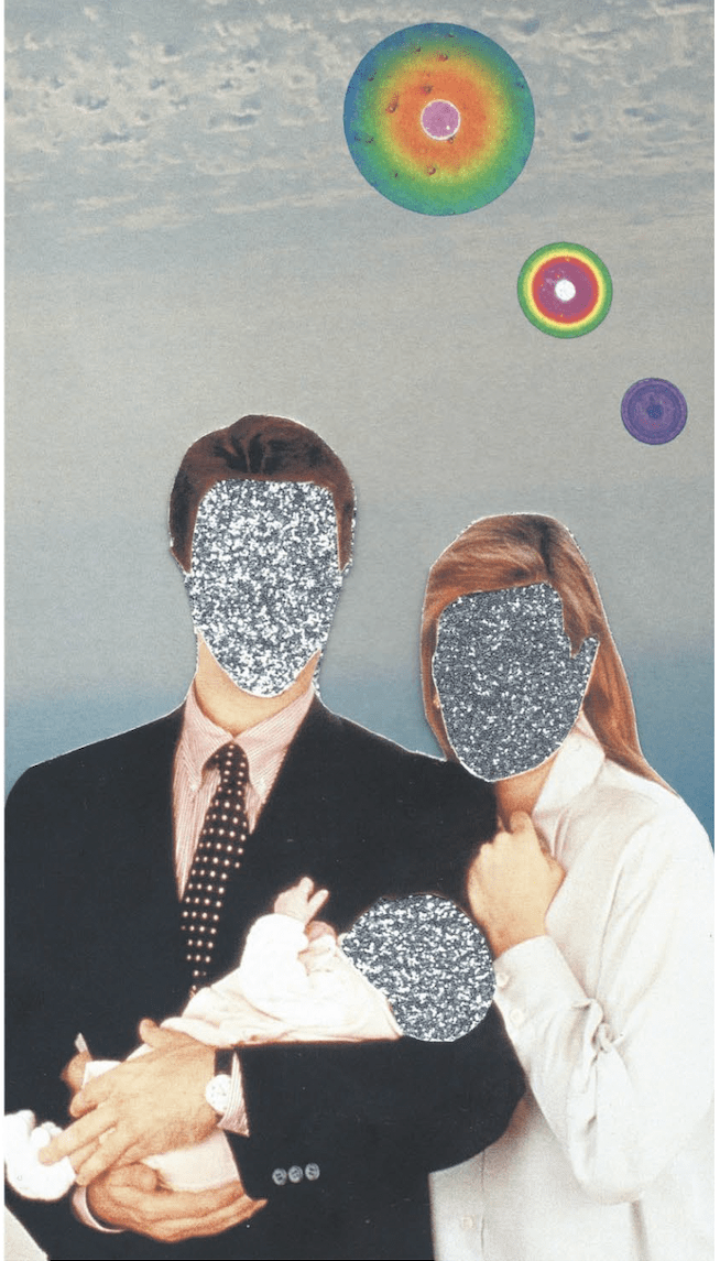 Bildbeschreibung: Collage namens Geschlechter*Utopien. In der Mitte stehen zwei Weisse Personen, eine mit schwarzem Anzug und kurzen dunklen Haaren, eine mit weissem Hemd und langen blonden Haaren. Die Person im Anzug hält ein Weisses Kleinkind, die Person im Hemd steht seitlich den beiden zugewandt. Die Gesichter sind mit Glitzer unkenntlich gemacht. Im Hintergrund sieht mensch einen wolkigen Himmel in dem Planeten umherschweben.